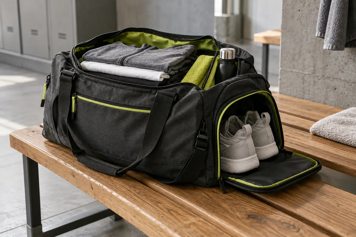 Photo d’ambiance : sacs de sport pour homme, femme et enfant, grands, petits, à roulettes, avec compartiment chaussures